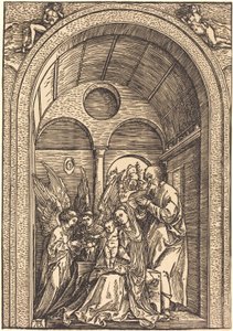 De Heilige Familie met twee engelen in een gewelfde hal door Albrecht Dürer